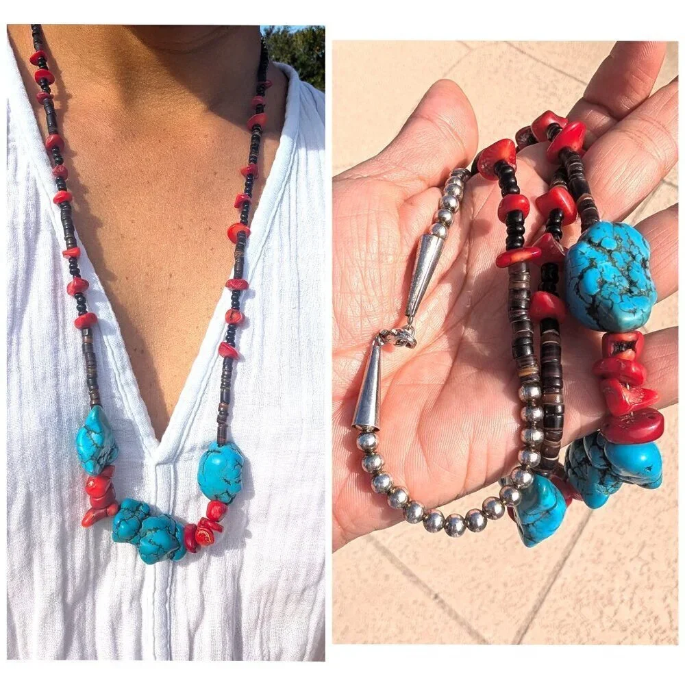 Vtg Turquoise & Red Coral Necklace Native American Style Silver Tone Handmade